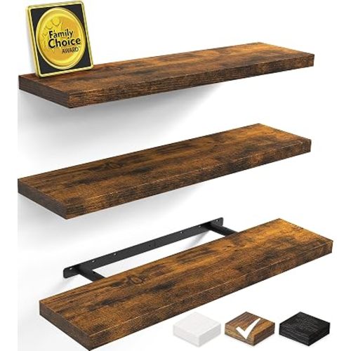 BAYKA Floating Shelves for Wall, Set of 3, 35.4 Inches Wall Mounted Wood Shelves for Bathroom, Bedroom, Living Room or Kitchen, Hanging Shelf for Books/Storage/Decor with 30lbs Capacity, Rustic Brown