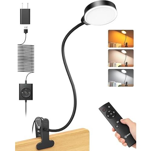 Glocusent Brighter Clip on Lamp with Remote, Eye-Caring Clip on Light for Bed Headboard, 3 Color & 5 Brightness Bed Lamp, 30-Min Auto-Off Timer, Reading Light with Adapter