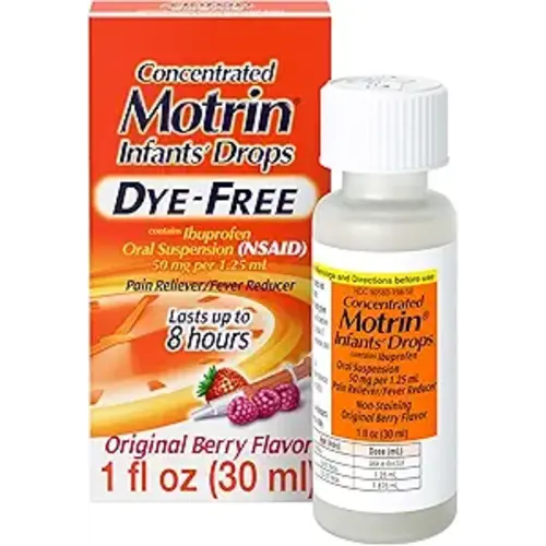 Motrin Infants' Ibuprofen, Fever Reducer, Dye and Alcohol Free, Concentrated Drops, Oral Suspension, Includes Clear Syringe with Markings for Dose Measuring, Berry Flavor 1 Fluid Ounce