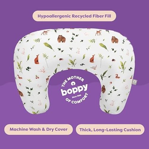 Boppy Nursing Pillow - Ergonomic Bottle & Breastfeeding Pillow with High, Firm, Large Area, Water-Repellent Cushion with Washable Cover; Baby Safety Alliance Verified - Neutral Plants and Animals