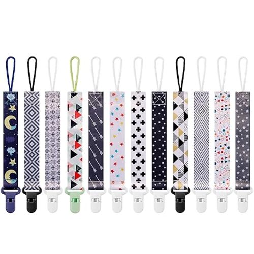 12 Pack Pacifier Clips with Adjustable Strap (32-46.5cm)/Short Strap(25.5cm) - Premium Polyester Baby Pacifier Holder Set, Multi-Design Clips for Boys Girls (Multicolor C 25.5cm)