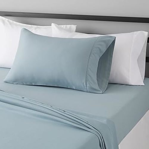 Amazon Basics Lightweight Breathable Super Soft Easy Care Wrinkle Resistant Brushed Microfiber 3 Piece Bed Sheet Set with 14-Inch Deep Pockets, Twin, Spa Blue, Solid