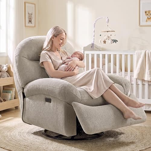 VANOMi Power Nursery Glider Rocking Chair, Oversized 270° Swivel Recliner Chair with USB & Type-C Ports, Soft Chenille Upholstered Nursery Chair for Living Room, Bedroom, Nursing