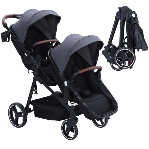 Roromall Double Stroller for Infants and Toddlers, Foldable Tandem Stroller, Reversible Pushchair Bassinet Pram with Large Storage Basket, Adjustable Backrest & Canopy