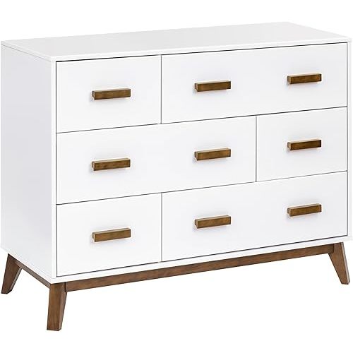 Babyletto Scoot 6-Drawer Dresser in White and Natural Walnut, Greenguard Gold Certified