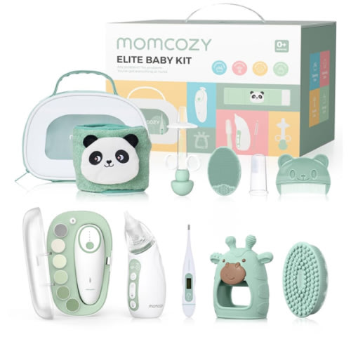 Momcozy Elite Baby Kit, Superior Baby Shower & Registry Essential Kit for Grooming & Health & Cleansing Care, Electric Nail File & Nasal Aspirator,Tummy Wrap,Thermometer,Bath Brush,Teether,Storage Bag