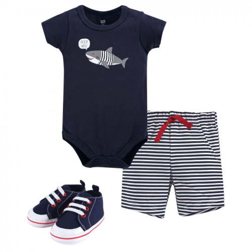 Hudson Baby Infant Boy Cotton Bodysuit, Shorts and Shoe 3pc Set, Blue Shark, 6-9 Months
