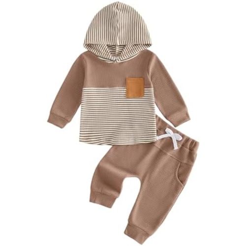 Toddler Baby Boy Fall Outfit Set Contrast Color Stripe Long Sleeve Hoodie Hooded Jogger Pants Infant Waffle Clothes
