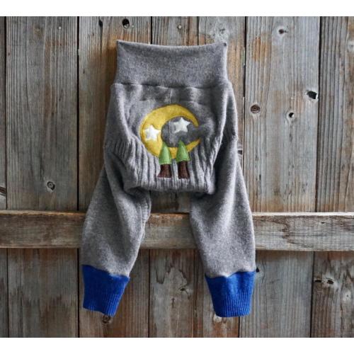 Upcycled Cashmere Longies Soaker Cover Diaper Cover With Added Doubler Tan/ Blue With Moon Applique LARGE 12-24 Months