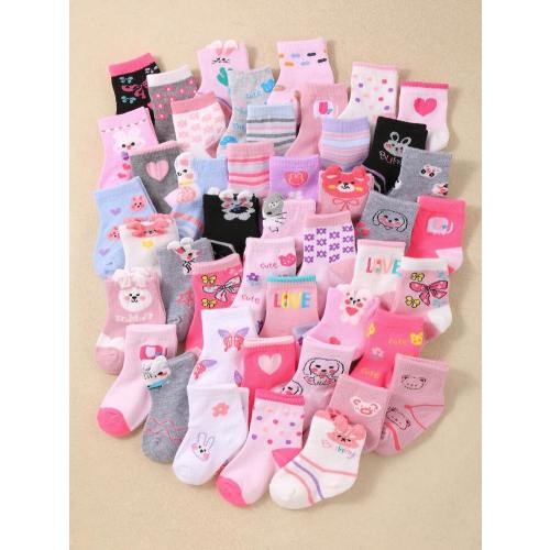 24 Pairs Soft Baby/Toddler Girls Ankle Socks, Patterns Include Rabbit, Bow, Heart And Teddy Bear, Comfortable Breathable Non-Binding, Suitable For Daily Wear, 0-36 Months, All Seasons, Ideal Gift For Newborn, Christmas, Newborn Baby Girl - Ankle Socks, Ba