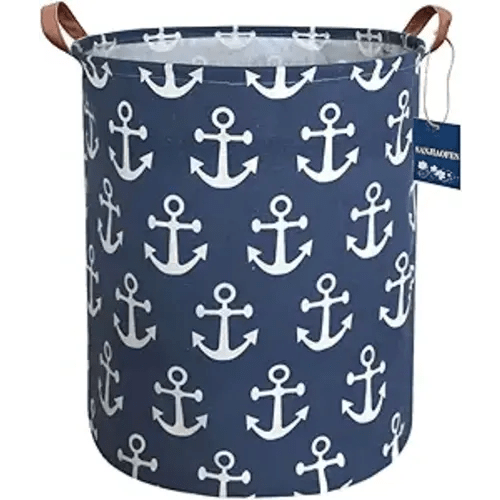 Kids Hamper,Collapsible Laundry Baskets,Waterproof Storage Baskets with Leather Handle,Nautical Decor,Toy Organizer (Navy Blue Anchor)