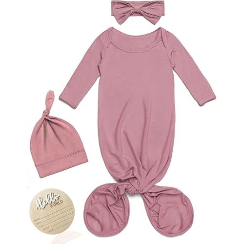 Newborn Knotted Gown Baby Girl Boy Sleepers, Coming Home Outfit 0-3 Month with Hello World Sign