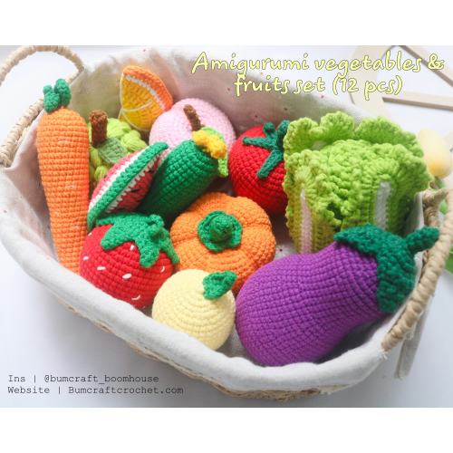 Ready-to-ship Crochet vegetables and fruits set, amigurumi play food set (12 pcs)