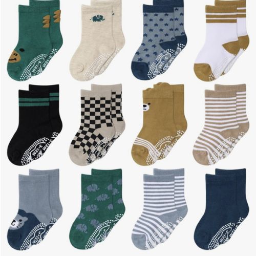 The Peanutshell Organic Baby Boy Socks 3-12 Months Set of 12 - Non-Slip Grip, Soft Cotton Newborn & Toddler Socks - Bold