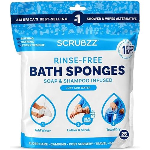 Scrubzz Disposable Rinse Free Bathing Wipes - 25 Pack - All-in-1 Single Use Shower Wipes, Simply Dampen, Lather, and Dry Without Shampoo or Rinsing