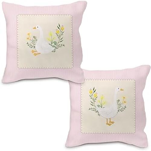 Goose Pillow Covers 18x18, Baby Girl Nursery Decor, Vintage Pink Striped Goose Decorative Throw Pillow Covers Pillowcase for Baby Girl Nursery Room Bedroom Decor, Set of 2