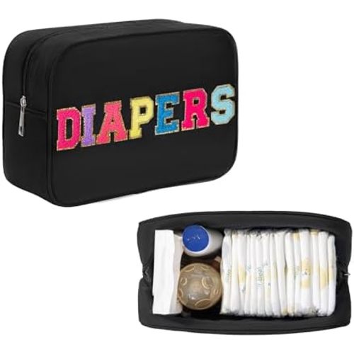 Chenille Letter Insulated Diaper Caddy Bag, Small Diaper Bag Organizer Pouch for Nursery Changing Table, New Born Baby Essential Storage Bag Diaper Pail Baby Shower Gifts for Mom To Be (Black)