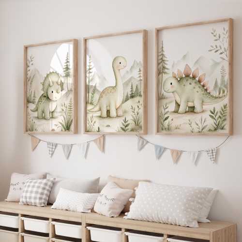 Dinosaur Nursery Wall Art Set of 3, Neutral Dino Nursery Decor, Sage Green Baby Boy Nursery Prints, Unframed