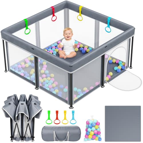 Foldable Baby Playpen with Mat 50"×50" Playpen for Babies and Toddlers | Portable Baby Play Pen with Mat, Indoor Outdoor Safety Fence Play Yard, Kids Play Area with Storage Bag Ocean Balls Handlers