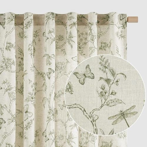 Lazzzy Green Floral Curtains 84 Inch Length Linen Farmhouse Curtain Back Tab Drapes for Living Room Bedroom Light Filtering Vintage Rod Pocket Curtains, 2 Panels, Green on Beige
