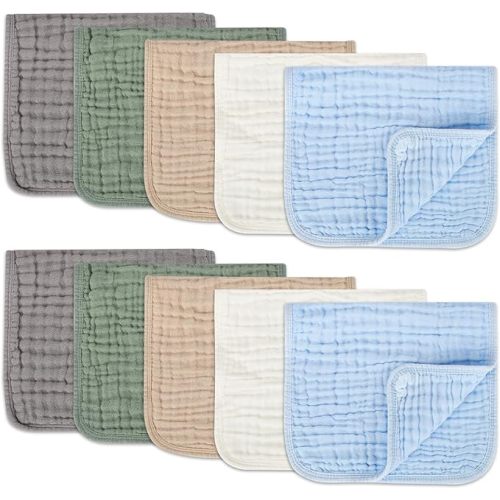 Muslin Burp Cloths Set for Babies 100% Cotton Baby Washcloths, Large 20''x10'' Extra Absorbent and Soft 10 Pack for Boys & Girls Blue Grey Green