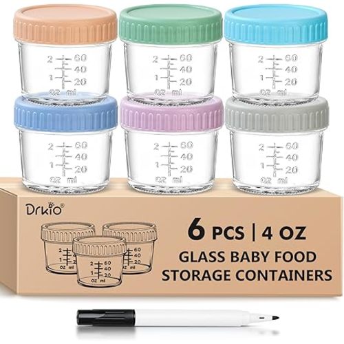 DRKIO 6 Pack Glass Baby Food Storage Containers - 4 Oz Baby Food Jars with Lids Baby Food Maker Microwave Dishwasher Freezer Safe 100% Leak Proof BPA Free Reusable