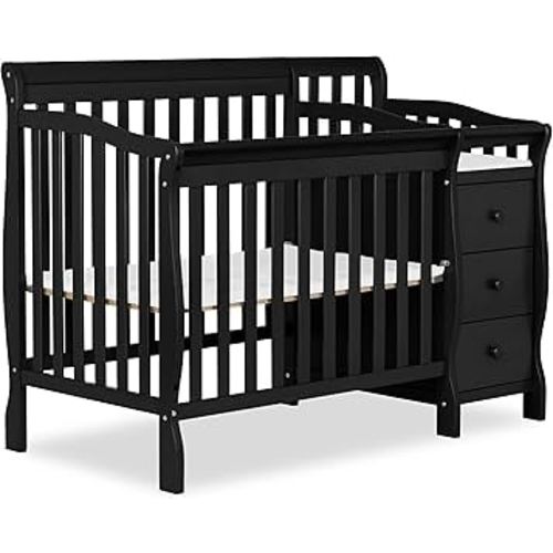 Dream On Me Jayden 4‑in‑1 Mini Convertible Baby Crib & Changer with Storage in Black, Pinewood, GreenGuard Gold & JPMA, 1” Mattress Pad, 3 Mattress Heights, Converts to Mini Day & Twin-Size Bed