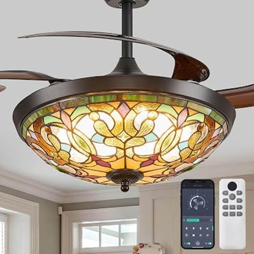 48" Tiffany Retractable Ceiling Fan Light - (Art Nouveau, Black)