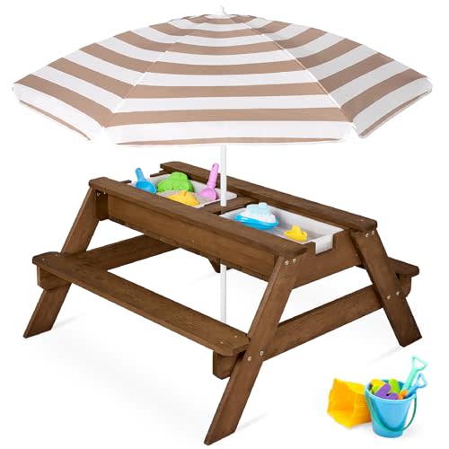 Best Choice Products Kids 3-in-1 Sand & Water Table, Wood Outdoor Convertible Picnic Table w/Umbrella, 2 Trays, Removable Top, 220lb Capacity Per Bench -Walnut/Beige