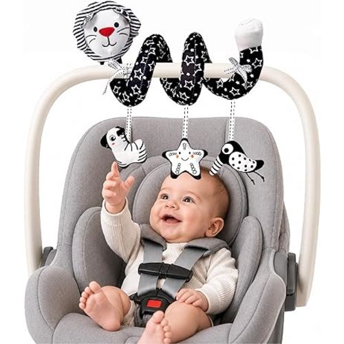 LiKee Spiral Car Seat Toys for Babies 0-6 Months, Black High Contrast Plush Hanging Baby Stroller Toys, Crib & Carseat Sensory Activity for Newborn, Ages 0+ Years 6-12 Month Infants Boy Girl Gifts