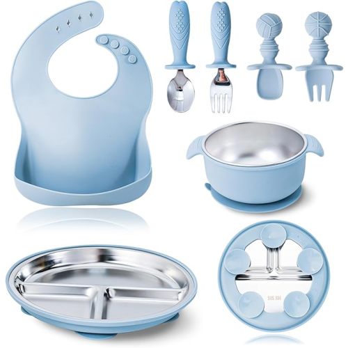 7 Pieces 304 Stainless Steel Baby & Toddler Feeding Set - Suction Divided Plates, Bowls, Silicone & Stainless Spoon Fork,Pocket Bib Unbreakable, Dishwasher Safe Kids Dinnerware Essentials (Blue)