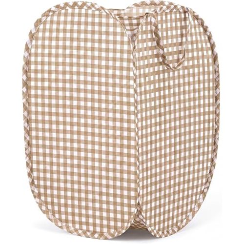Brown Laundry Basket Pop up Hamper Gingham Basket Waterproof Material 14.57 Inch Laundry Bin for Dirty Clothes Dorm Bedroom Bathroom Nursery Closet Storage