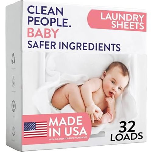 The Clean People Unscented Baby Laundry Detergent Sheets - Hypoallergenic - Ultra Concentrated, Recyclable Packaging, Fights Stains & Odors on Baby Clothes & Bedding - Fragrance Free, 32 Pack