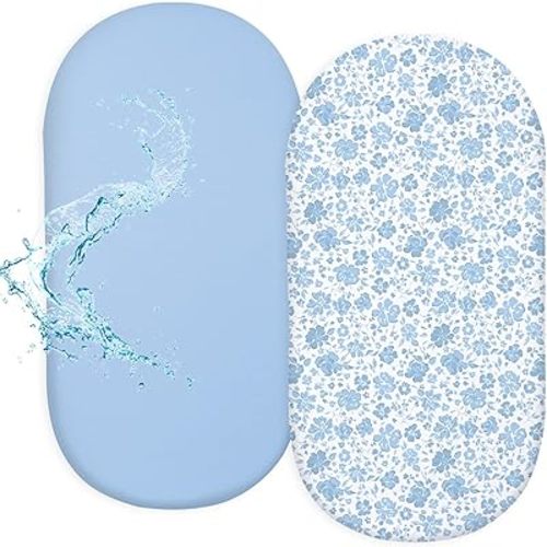 FIOBEE Baby Bassinet Sheets for Girls Boys 2 Pack Waterproof Bassinet Mattress Elastic Fitted Crib Sheets Universal Fit for Hourglass Oval and Rectangle Bassinet Sheet, Blue