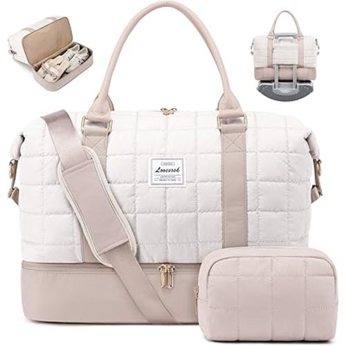 LOVEVOOK Travel Duffel Bag - Versatile Weekender Bag for Women, Puffer Carry On & Overnight Bag for Short Trips, White/Nude