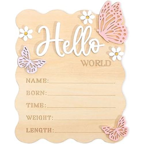 Butterfly Daisy Hello Worid Board - Little Butterfly Birth Announcement Sign, Wooden Hello World Card for Hospitals, Newborn Birth Information Record Board, Daisy Nursery Decorations Photo Props