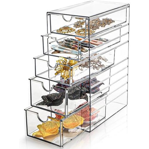 Hair Accessory Organizer, Plastic Clear Hair Tie Storage Box with 5 Drawers, Hair Accessories Container Makeup Organizer Jewelry Holder for Bathroom, Closet Desk, Office