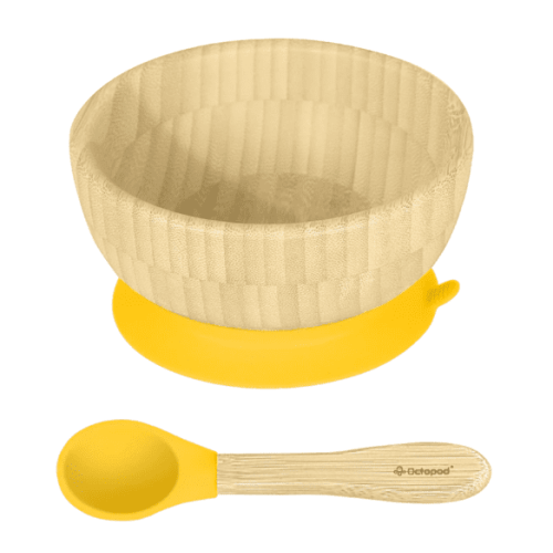 Abiie Octopod Bamboo Suction Bowl - Baby Bowl with Suction for 4 months and up, High-Chair Bamboo Baby Plate, Mess-Free Toddler Suction Plates, Ergonomic Baby Feeding Supplies - (Yellow)