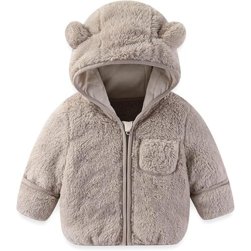 Baby Boys Girls Winter Coat with Fold-Over Mittens Fleece Jacket Outwear Warm Clothes Overcoat Pink Bear Hooded Zipper for Kids Toddlers 18 Months