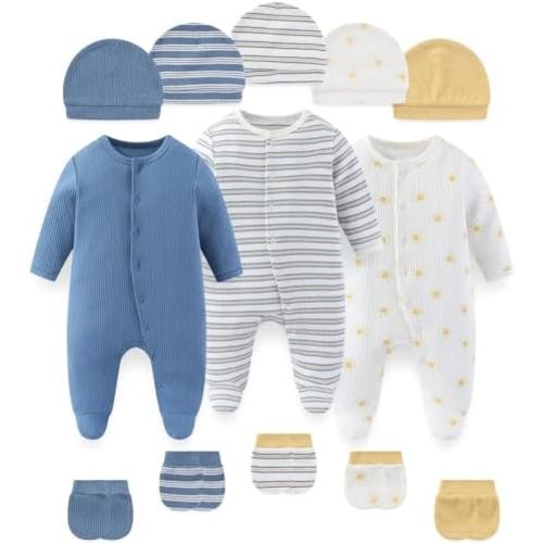 falianni Fashion Baby Boy Girl Clothing Set Cotton Soft 3-Piece Long Sleeve Button Rompers 5-Pack Hats&Gloves Infant Clothes