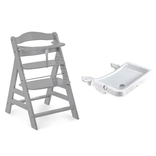 hauck Alpha+ Grow Along Adjustable Wooden Booster High Chair, Beachwood, Grey and High Chair Tray Table for Wooden Alpha+ & Beta+, White