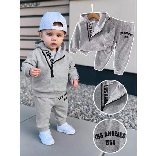 SHEIN Playful Pals 2pcs/Set Baby Boy Letter Print Hooded Sweatshirt And Elastic Waist Letter Print Pants, Suitable For Outings, Casual Wear, Autumn And Winter, Baby Boy Outfit, Gray Sweatshirt Set Baby Boy Sweatsuit Baby Boy Track Suit Baby Street Wear Li