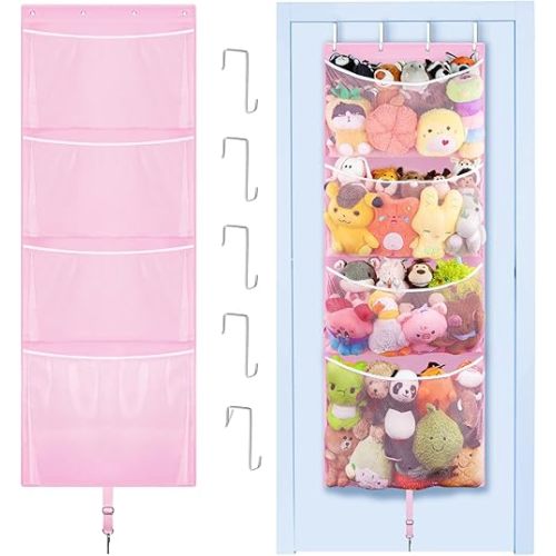 Hanging Stuffed Animal Storage, Over Door Large Plush Toy Organizer with Metal Hook, Baby Accessory Holder Idea for Nursery, Doll & Bear Mesh Hammock Bag for Girl Boy Kid Room
