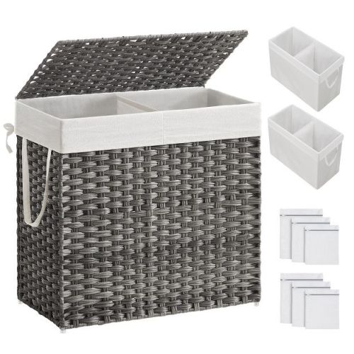 SONGMICS 130L Laundry Hamper with Lid Clothes Hamper with 2 Removable Liner Bags & 6 Mesh Bags Gray