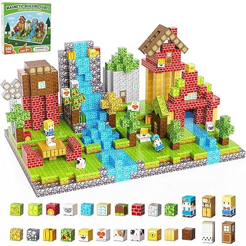 200PCS Magnetic Building Blocks Set, Magnetic Tiles Kids Build Cubes STEM Game Toys, Build Forest World Set, Christmas Birthday Gifts for Boys & Girls Age 3 4 5 6 7 8 9 10, 0.8 in Size
