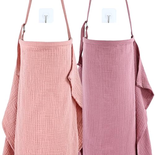 Cinaci 2 Pack Pure Cotton Muslin Lightweight Breathable Breastfeeding Nursing Cover Blankets with Adjustable Metal Clasp (Dusty Pink+Dark Dusty Pink)