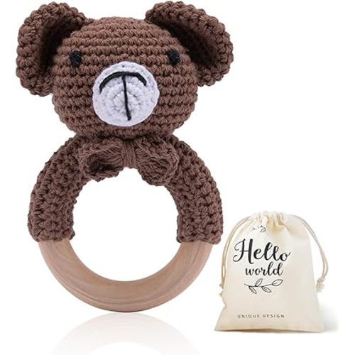 WOODEN TEETHER Crochet Baby Rattle, Crochet Baby Toys, Organic Wooden Newborn Toys, Newborn Animal Rattle Toys，Knitted Stuffed Animals Gifts for Baby, Brown Bear
