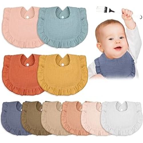 Seematn 10 Pcs Baby Muslin Bibs for Unisex Girls & Boys Drool Bibs Bandana Ruffle Soft Cotton for Newborn Infants Toddlers(Gentle Colors)