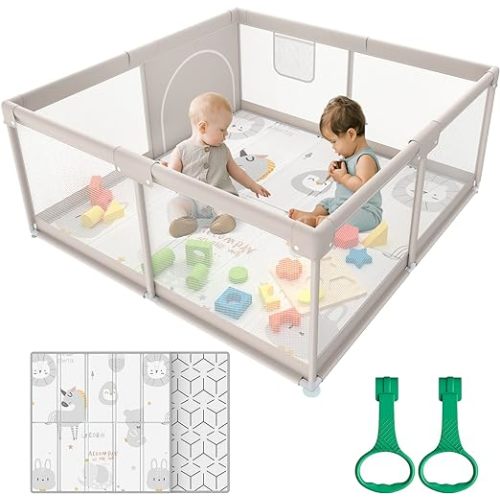 ZEEBABA Baby Playpen with Mat, 47x47x27inch Playpen Keeps Baby Safe, Play Yard for Infants, Parc pour Bébé Gives Mom a Break