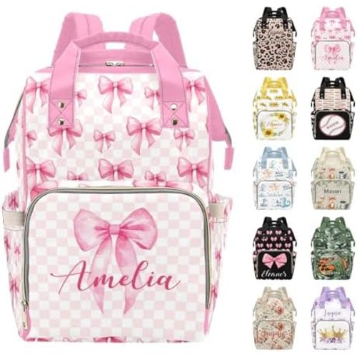 Personalized Large Capacity Diaper Backpack with Name, Customized Bow Mommy Bag with Thermal Pockets for Girls, Customizable Multi-Function Travel Bag for Women